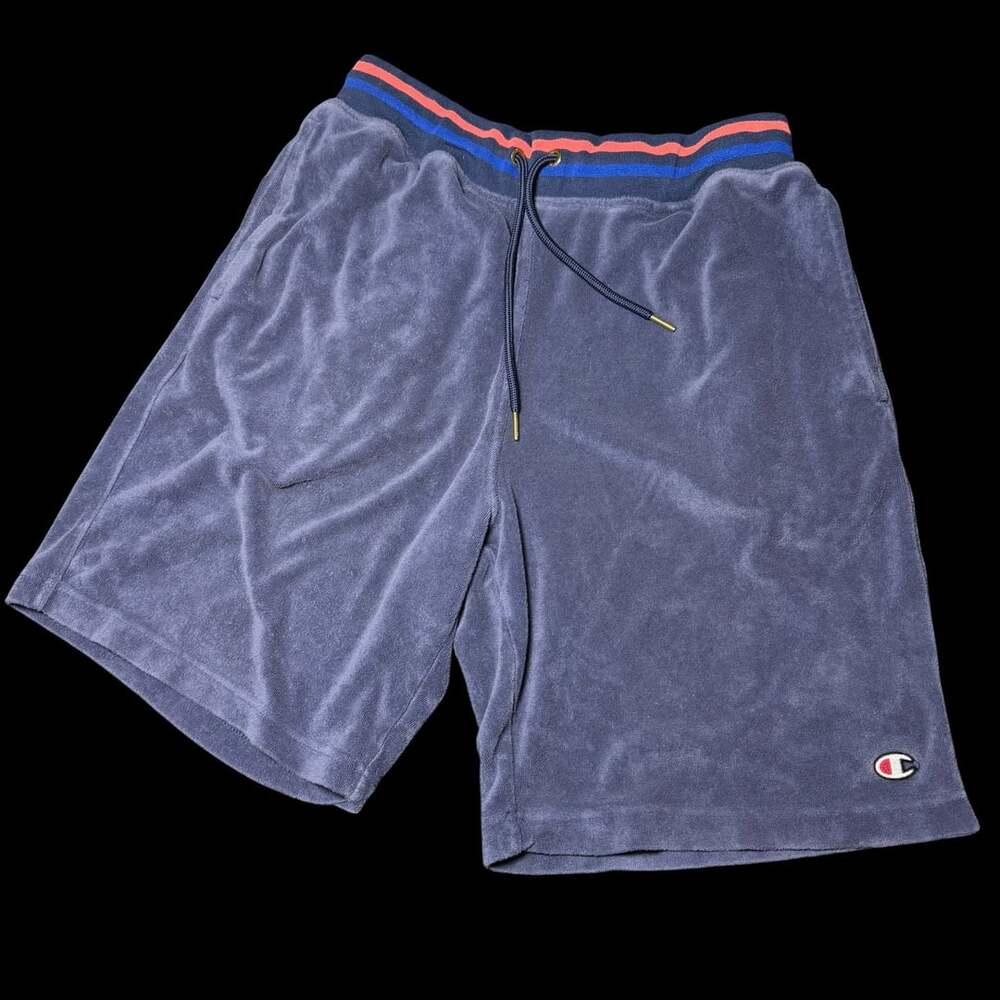 Champion French Terry Velour Navy Shorts with Striped Waistband Size Medium